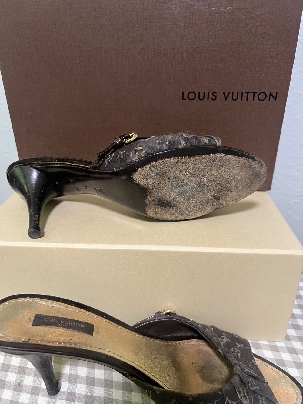 Louis Vuitton Monogram Canvas Mule Heels Size 39 | Peep Toe Kitten Heel - Picture 3 of 9